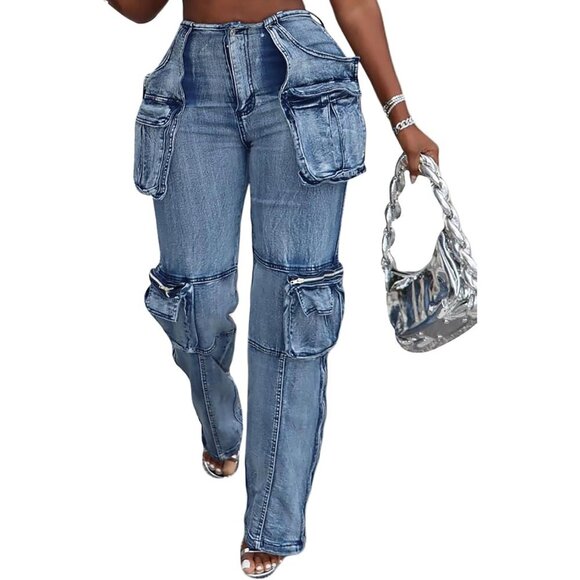 Women’s Cargo Jeans High Waisted Straight Leg Zipper Denim Casual Streetwear
